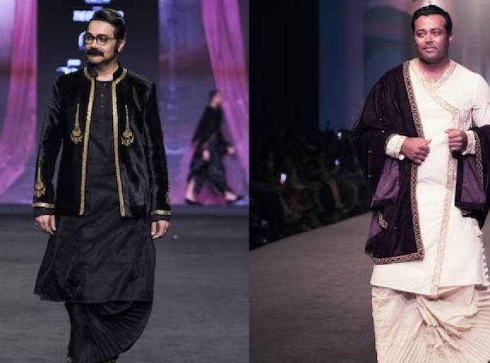 Former tennis star Leander Paes walks the ramp for Abhishek Roy at 25th LFW X FDCI